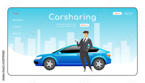 Carsharing landing page flat color vector template. Ride share service homepage layout. Carpooling one page website interface with cartoon character. Automobile rent web banner, webpage