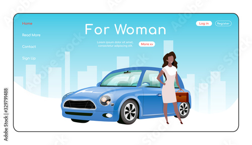 For woman landing page flat color vector template. Automobile showroom homepage layout. Cars for ladies one page website interface with cartoon character. Auto dealership web banner, webpage