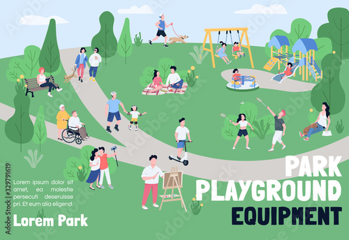 Park playground equipment banner flat vector template. Brochure, poster concept design with cartoon characters. Outdoor recreation, weekend picnic horizontal flyer, leaflet with place for text