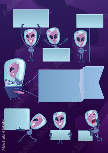 Martian emotion expression 2d cartoon character illustrations kit. Emotional extraterrestrials with blank banners. Ready to use one comic flat hero set templates for commercial, animation, printing