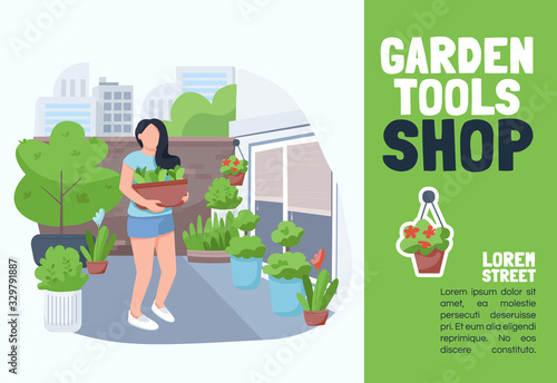 Garden tools shop banner flat vector template. Brochure, poster concept design with cartoon characters. Gardening equipment store, flower supermarket horizontal flyer, leaflet with place for text
