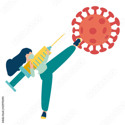 Vector illustration fight covid-19 corona virus. People fight virus concept. Pandemic medical concept. Doctor with wearing face mask and big syringe. Sars disease.  Flat vector illustration.