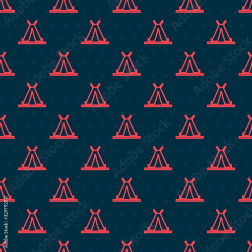 Red line Traditional indian teepee or wigwam icon isolated seamless pattern on black background. Indian tent. Vector Illustration