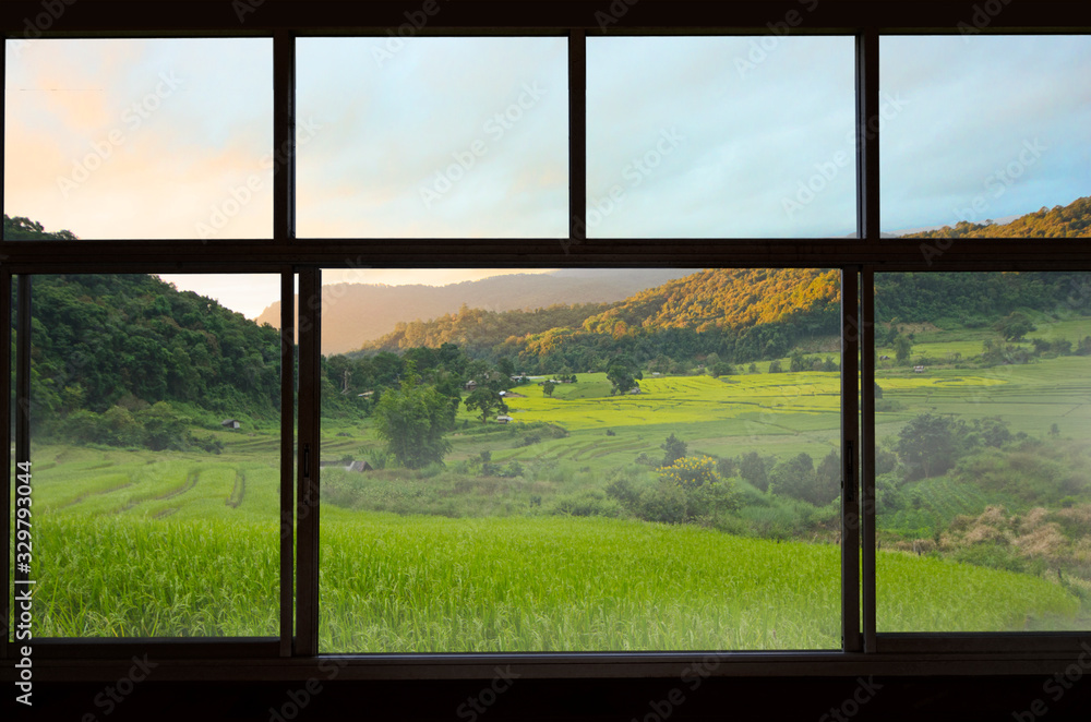 Naklejka premium House in terrace field near the forest in window view