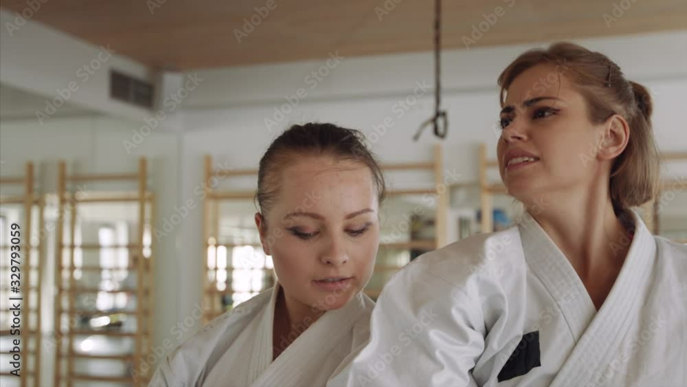 Young women practising karate indoors in gym. Young women practising karate indoors in gym.