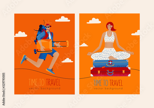 Trendy travel illustration.Excited happy man with luggages. Young woman sits on a stack of suitcases in a yoga lotus pose and meditates.Concept of discovery, exploration, hiking, adventure tourism.