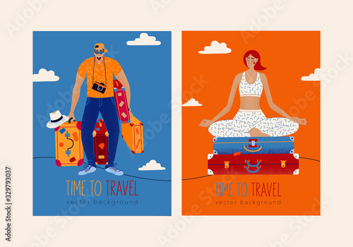 Trendy travel illustration.Excited happy man with luggages. Young woman sits on a stack of suitcases in a yoga lotus pose and meditates.Concept of discovery, exploration, hiking, adventure tourism.