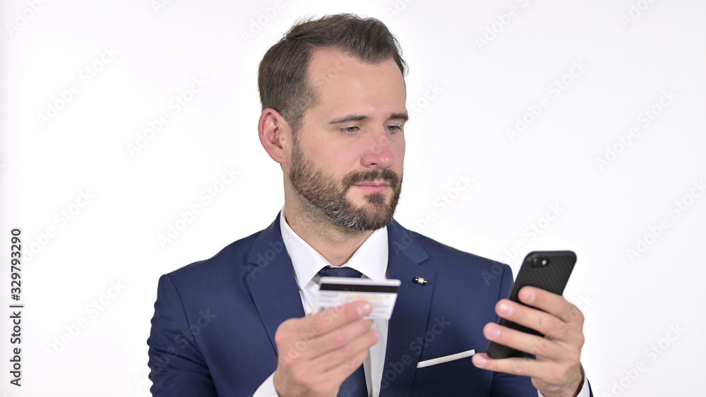 Online Shopping by Businessman via Smartphone, White Background Online Shopping by Businessman via Smartphone, White Background
