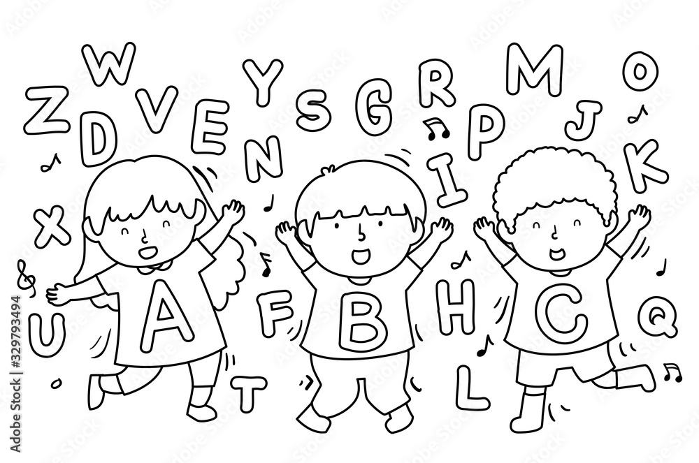 Kids Alphabet Dancing Coloring Illustration
