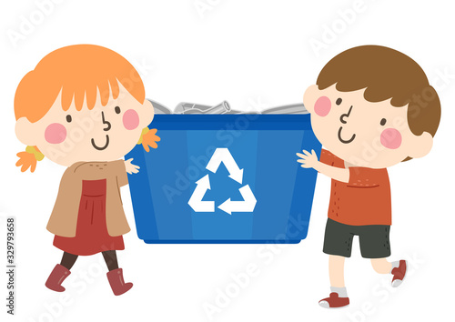 Kids Carry Blue Recycle Bin Bottles Illustration