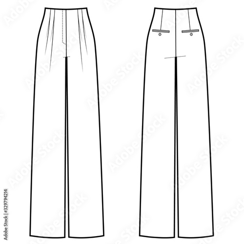 Vector illustration of women's wide classic pants. Front and back views