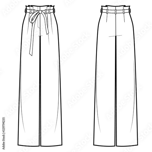 Vector illustration of women's wide pants with belt. Front and back views