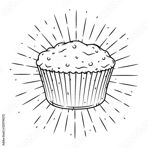 Muffin. Hand drawn vector illustration with muffin and sunburst. Used for poster, banner, web, t-shirt print, bag print, badges, flyer, logo design and more.