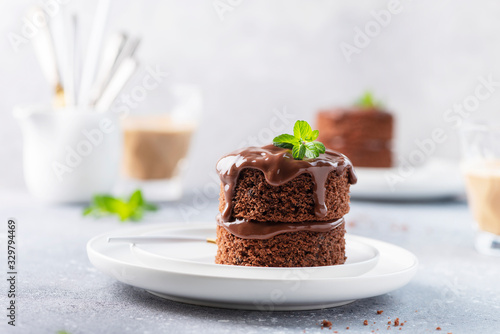 Chocolate mini cake with chocolate ganash and mint photo