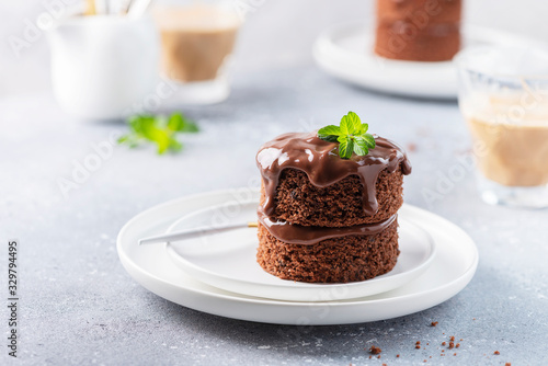 Chocolate mini cake with chocolate ganash and mint
