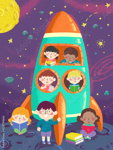 Kids Moon Space Ship Study Illustration