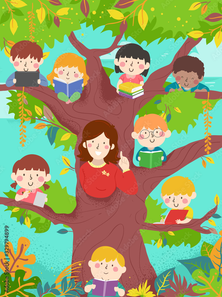 Fototapeta premium Kids Teacher Tree Class Books Illustration