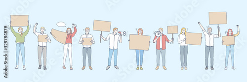 Banner, actitivist, meeting manifestation, protest set concept. Collection of young people men, women activists students teenagers holding banners, mouthpieces. Street demonstration. Simple vector