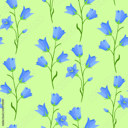 Vector seamless pattern with bell flowers (campanula flowers) twigs on green background; spring natural design for fabric, wallpaper, wrapping paper, packaging, web design.