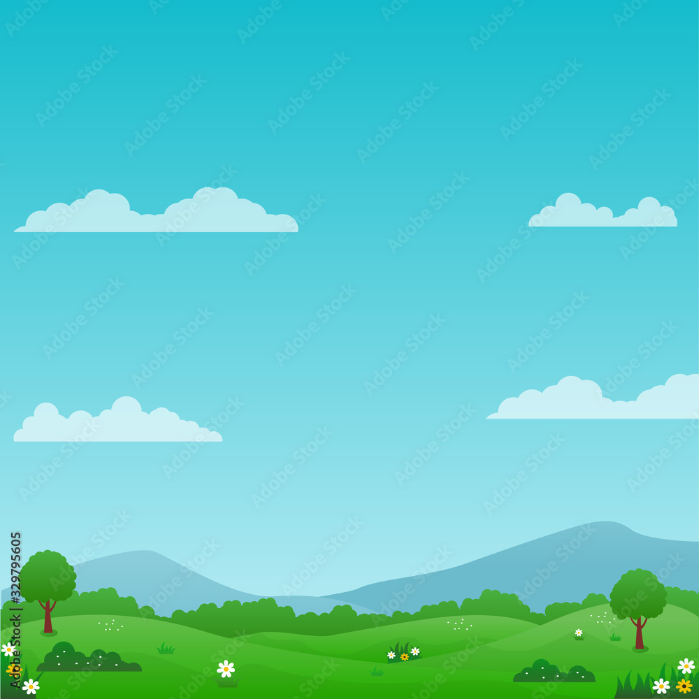 Beautiful nature landscape vector illustration with bright sky, green meadow and flowers suitable for summer background or kids background 