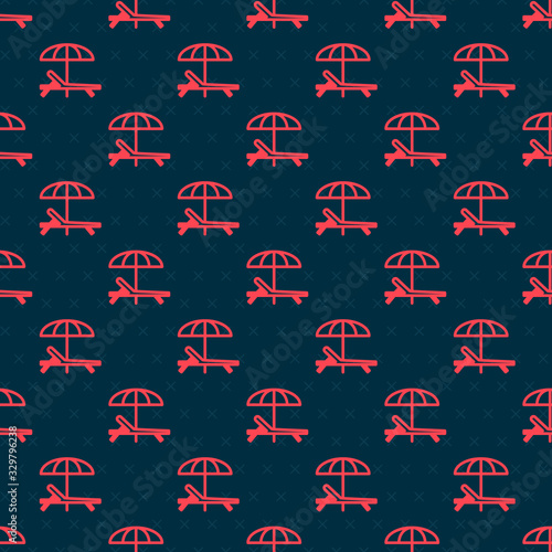 Red line Sunbed icon isolated seamless pattern on black background. Beach umbrella and Sun lounger. Vector Illustration