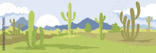 Abstract landscape with cactus / Vector illustration, narrow background, Mexico