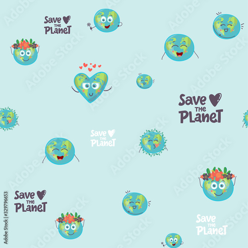 Cartoon globe with emotion web icons green global smile face happy nature character expression and ecology earth planet world map seamless pattern vector illustration. illustration. hand drawing
