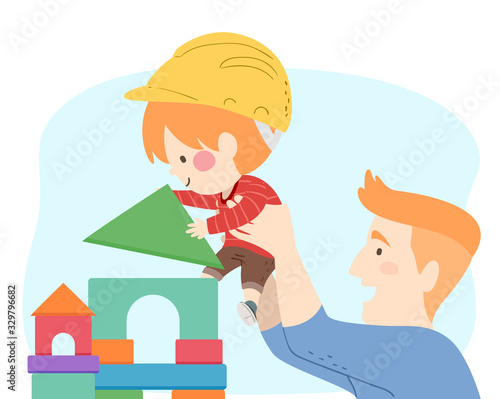 Kid Boy Dad Role Play Engineer Illustration