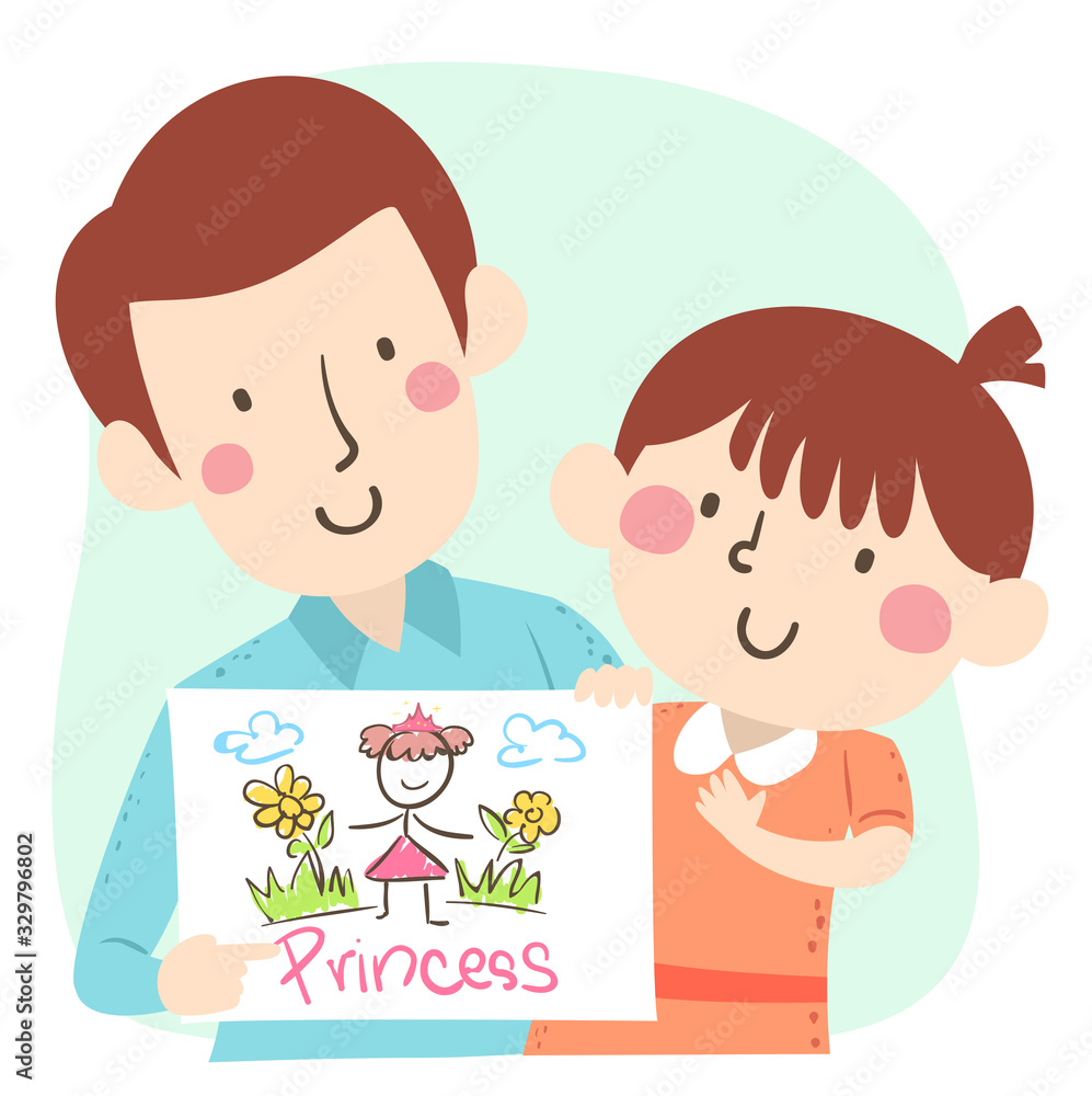 Kid Girl Dad Drawing Talk Illustration Kid Girl Dad Drawing Talk Illustration
