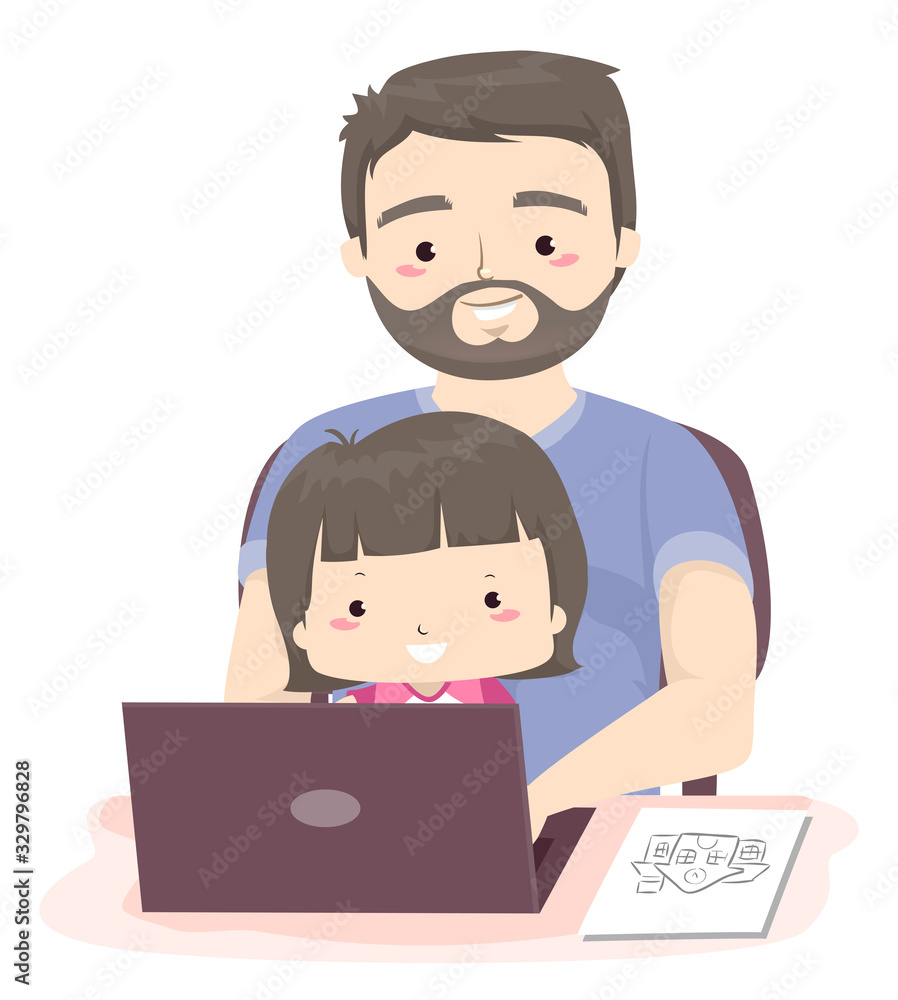 Kid Girl Dad Search School Laptop Illustration Kid Girl Dad Search School Laptop Illustration