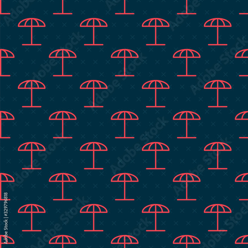 Red line Sun protective umbrella for beach icon isolated seamless pattern on black background. Large parasol for outdoor space. Beach umbrella. Vector Illustration