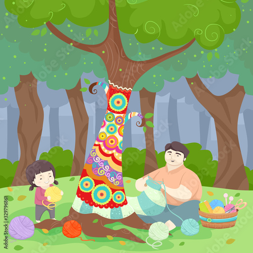 Kid Girl Dad Yarn Bombing Tree Illustration