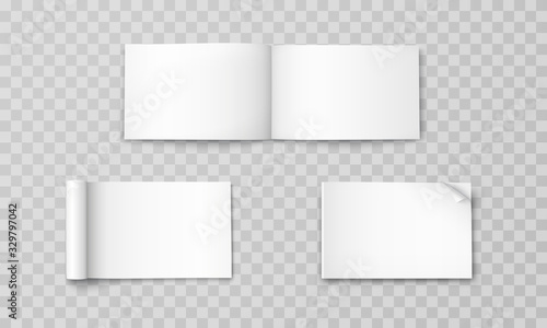 Magazine set template isolated on transparent background. Vector open blank book, catalog or brochure with turned sheets. Booklets with rolled white paper pages mockup..