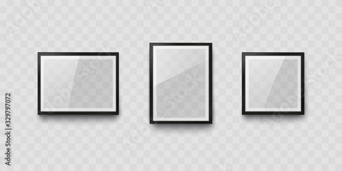 Frames mockup template isolated on transparent wall background. Realistic blank picture or photograph border set. Vector glass black photoframes A4 format for interior artwork design..