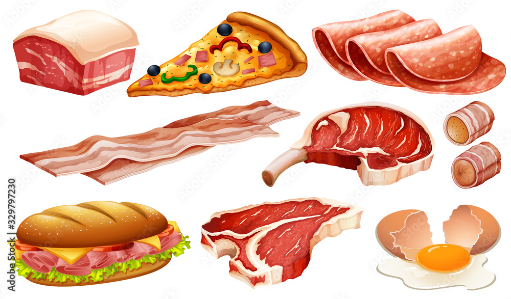 Fototapeta Set of different meat products on white background