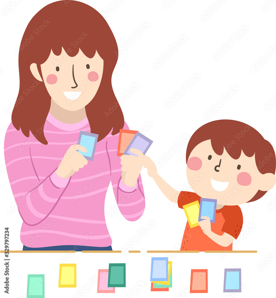 Kid Boy Teach Mom Game Activity Cards Illustration Векторный объект Stock |  Adobe Stock