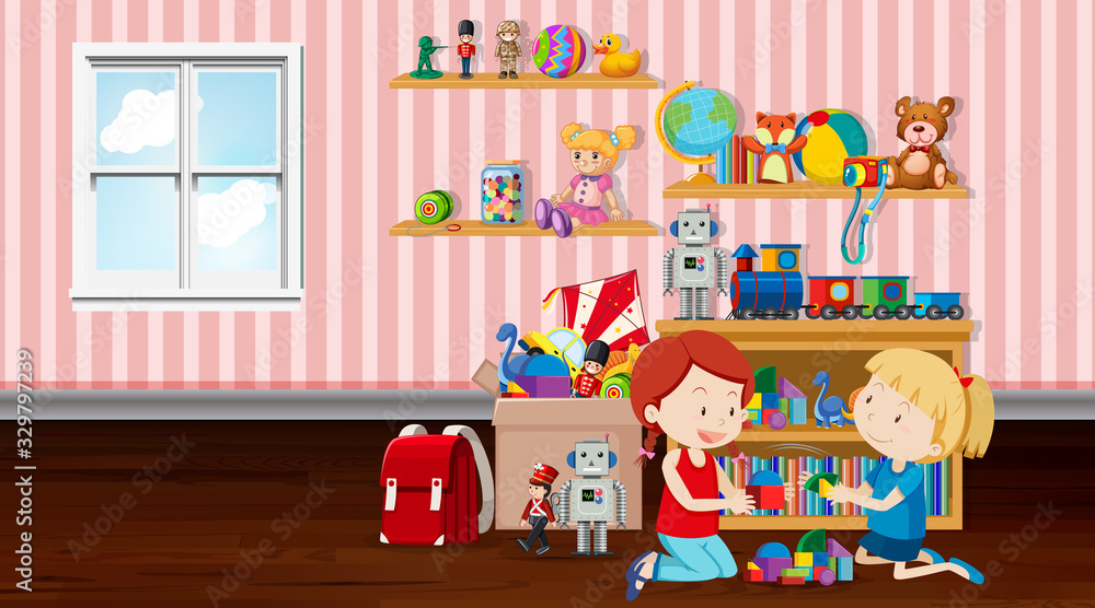 Scene with two girls playing in the room Scene with two girls playing in the room