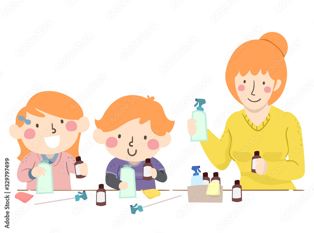 Mom Kids Make Scented Cleaning Spray Illustration Mom Kids Make Scented Cleaning Spray Illustration