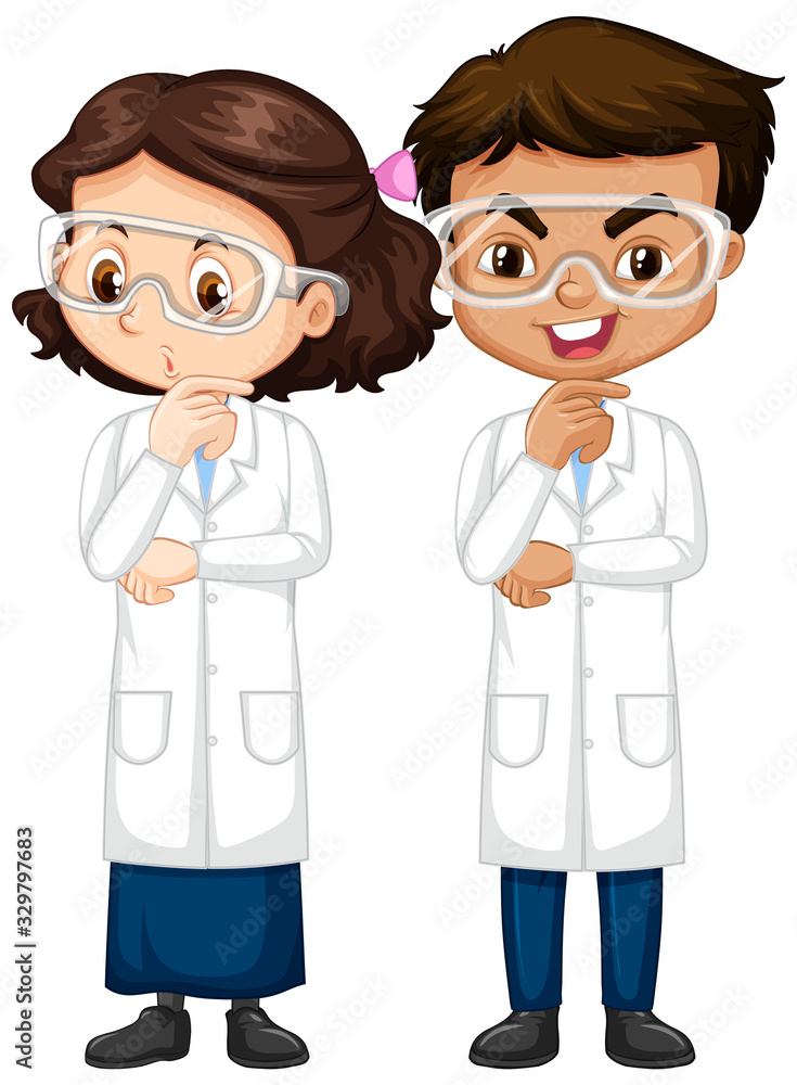 Boy and girl in science gown on isolated background Boy and girl in science gown on isolated background