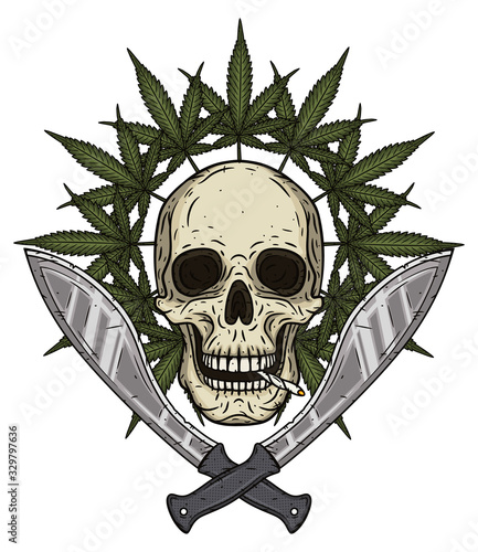 Human skull with two crossed machetes and marijuana leaf in hand drawn style. Rastaman skull with cannabis leafs.