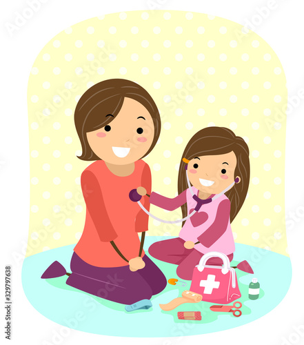 Kid Girl Mom Doctor Play Check Up Illustration