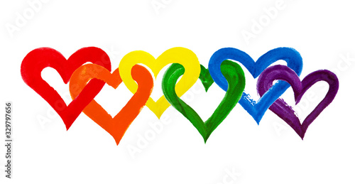 Rainbow colors intertwined hearts on white background isolated close up, overlapping heart LGBT flag color, hand drawn watercolor LGBTQ symbol, lesbian, gay etc love sign, art border, design element