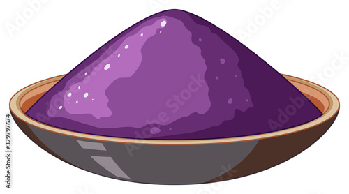 Bowl of purple paint powder on white background