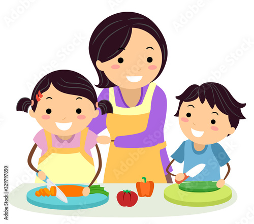Mom Supervise Kids Safety Kitchen Illustration