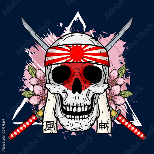 Skull of kamikaze with crossed katanas. Cartoon skull. Vector illustration.