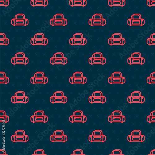 Red line Sport bag icon isolated seamless pattern on black background. Vector Illustration