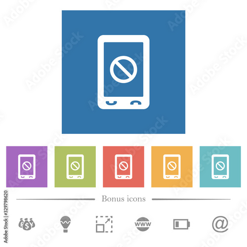 Mobile disabled flat white icons in square backgrounds