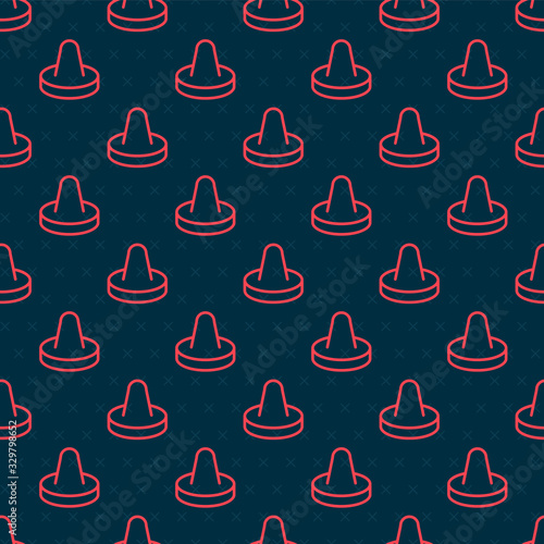 Red line Mallet and puck for playing air hockey game icon isolated seamless pattern on black background. Vector Illustration