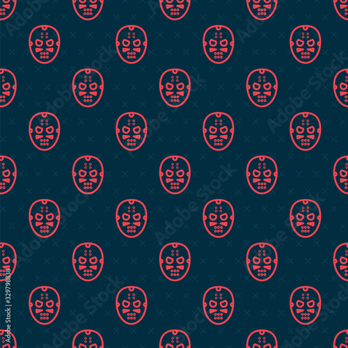 Red line Hockey mask icon isolated seamless pattern on black background. Vector Illustration