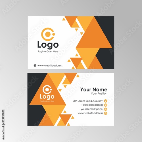 Abstract polygonal geometric business card with orange and Black color design, professional name card template vector